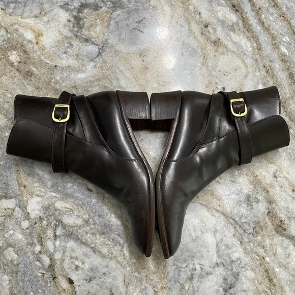 Salvatore Ferragamo Brown Leather Ankle Heeled Boots Size 6B Gold Buckle Detail - Picture 9 of 17